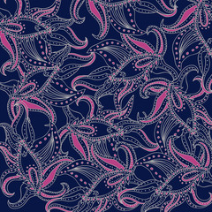 Vector oriental abstract pattern with grey and pink elements on dark blue field. Abstract background.