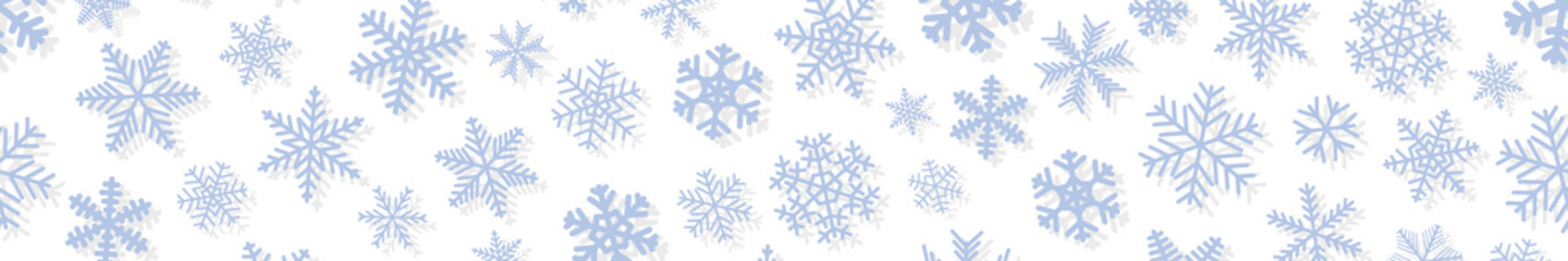 Christmas horizontal seamless banner of snowflakes of different shapes and sizes with shadows. Light blue on white