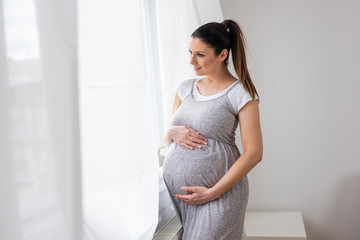 A beautiful young pregnant woman standing next to the window in an elegant grey dress with hands on her belly.