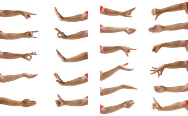 Multiple female hand gesture isolation on white background.