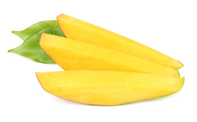 mango slices with green leaves isolated on white background. healthy food.