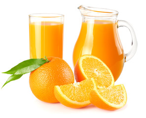 orange juice with orange and green leaf isolated on white background. juice in glass