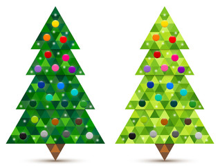 Abstract decorated coniferous trees with colorful baubles consisting of triangles. Two shades of green. Vector EPS 10