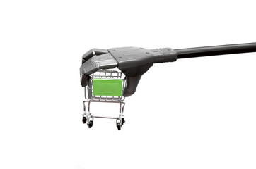 Robot hand with shopping cart basket isolated on white background.