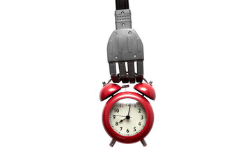 Toy robot hand is holding a red alkarm clock isolated on white background. Digital reminder.