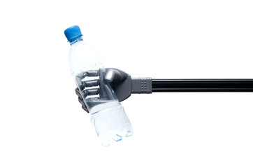 Toy robot hand is holding a bottle of water or petrol isolated on white background.