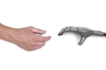 Handshake between hand of human and robot hand isolated on white background. Future concept.