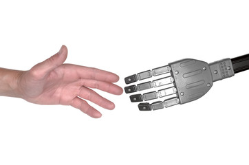 Handshake between hand of human and robot hand isolated on white background. Future concept.