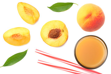 glass of peach juice with peach fruit, green leaf and slices isolated on white background. top view
