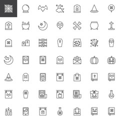 Halloween elements outline icons set. linear style symbols collection, line signs pack. vector graphics. Set includes icons as Spider web, Magic ball, Flying bat, Tombstone, Pumpkin face, Coffin, Moon