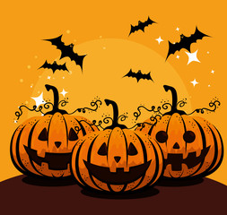 halloween card with pumpkins and bats flying