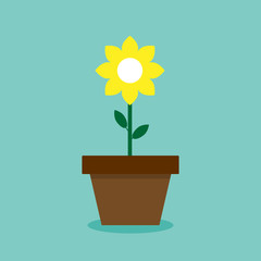 Flower in a pot in a flat style. Icon of a flower. Yellow flower. Growth