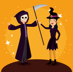 halloween card with witch disguise ans death