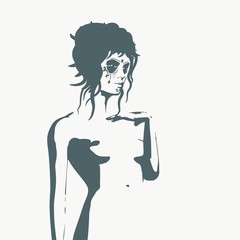 Naked young woman silhouette. Female torso sketch. Sugar skull face paint. Young lady raising her hand to head