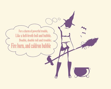 Illustration of standing young witch icon. Witch silhouette with a broomstick, caldron, cat and raven. Charming text. Halloween relative image