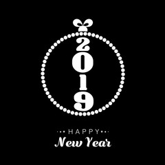 Vector style simple bauble ring of circles with Happy New Year 2019 designed in white on a black isolated background
