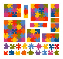 Jigsaw puzzle set with many colorful pieces. Abstract mosaic template. Vector illustration.