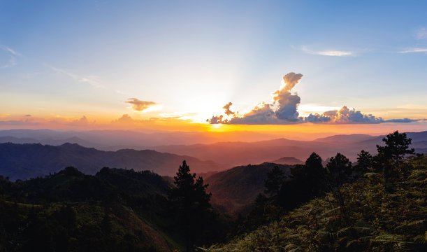 Fototapeta Sunset Orange sunset View On the Moutains Before winter in South Asia
