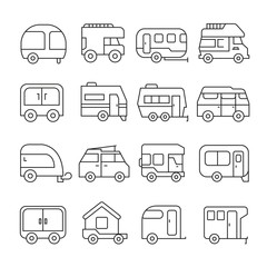 camping car and recreational vehicle icons outline on white background