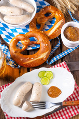 delicious bavarian oktoberfest white sausage with sweet mustard