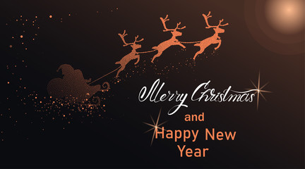 Merry Christmas and Happy New Year card with Santa Claus and deers.