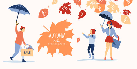 Autumn sale. Promo poster with people doing shopping and leaves.