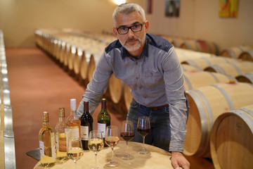 Man standing in winery around table