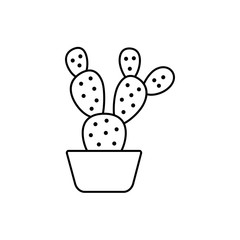 Vector illustration of opuntia cactus. Line icon of desert succulent plant in the pot. Isolated object on white background. Home decor element.
