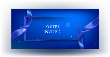 Blue invitation card with beautiful textured ribbons and golden frame. Vector illustration