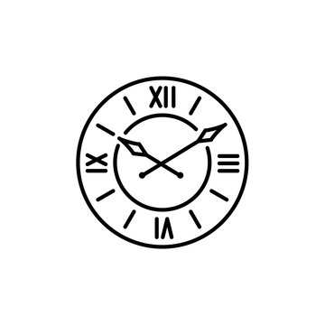 Vector illustration of vintage wall clock. Line icon of large round decorative clock with roman numerals. Isolated on white background.