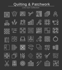 Quilting & patchwork. Supplies and accessories for sewing quilts from fabric squares & blocks. Different tools, patterns for quilters. Vector line icon set. Isolated on black background.