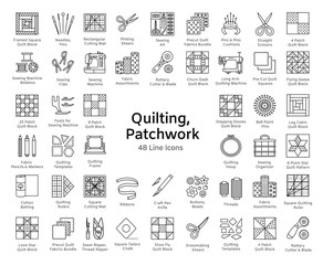Quilting & patchwork. Supplies and accessories for sewing quilts from fabric squares & blocks. Different tools, patterns for quilters. Vector line icon set. Isolated on white background. - obrazy, fototapety, plakaty