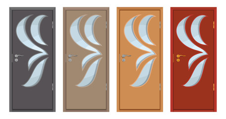 Naklejka premium colored wooden doors isolated on white background, realistic wooden door, colour illustration of different door design, office interior or exterior element, room design, vector graphics to design