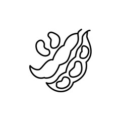 Black & white vector illustration of red kidney beans. Line icon of bean pods & seeds. Vegan & vegetarian food. Health eating ingredient. Isolated on white background.