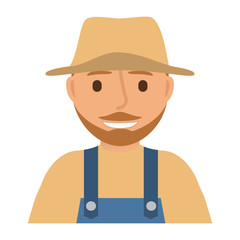 Farmer man character.Overalls straw hat.Vector flat illustration isolated on white background.Young man beard.
