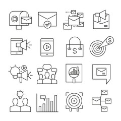 business marketing and advertising icons outline on white background