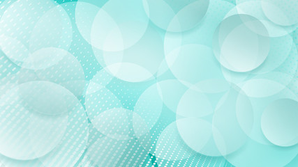 Abstract background of translucent circles and halftone dots in white and turquoise colors