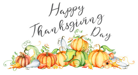 Watercolor pumpkin and autumn leaves card. Harvest composition. Happy Thanksgiving day. Hand drawn vector illustration