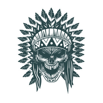 Indian skull. Monochrome hand drawn tatoo style