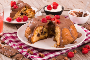 Chocolate cake with raspberries.