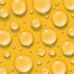 Drops of water. Abstract liquid on yellow background. 3d realistic vector illustration. Realism style. Macro