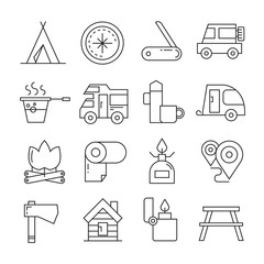 camping icons in thin line style on white background