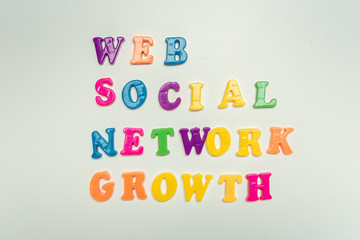 Web social network growth words written in colorful plastic letters on white background