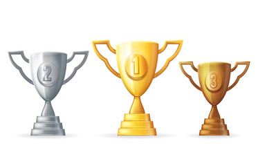 Gold silver copper victory award cup prize realistic 3d trophy icons isolated design vector illustration