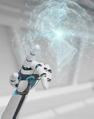 White cyborg hand using planet Earth interface 3D rendering