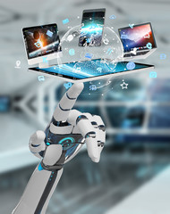 White cyborg hand connecting devices together 3D rendering