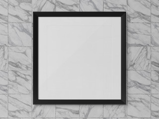 Black squared frame hanging on a marble wall mockup 3D rendering