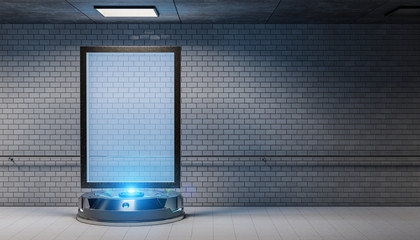 Futuristic billboard in dirty underground tube station mockup 3d rendering