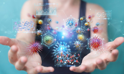 Businesswoman analyzing bacteria microscopic close-up 3D rendering