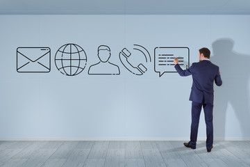 Businessman drawing thin line contact icon